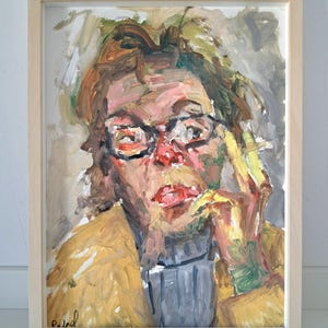Ritratto originale dipinto ad olio Marguerite Duras, ritratto di poeta d'arte
