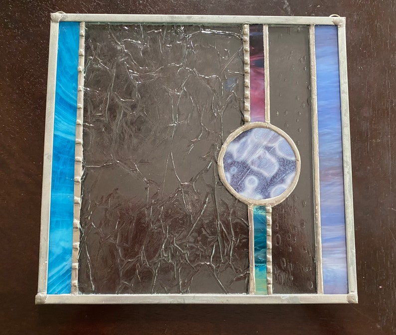 Abstract Glass art stained glass square asymmetrical art Crackle and rain glass. purple glass art purple circle art