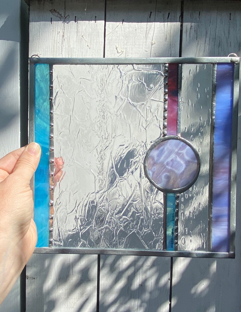 Abstract Glass art stained glass square asymmetrical art Crackle and rain glass. purple glass art purple circle art