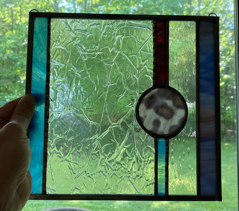 Abstract Glass art stained glass square asymmetrical art Crackle and rain glass. purple glass art purple circle art