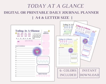 Pode incluir: Um planificador diário imprimível com um esquema de cores rosa, amarelo e azul. O planificador inclui um calendário, uma lista de tarefas, um rastreador de humor e uma seção para a ingestão de água. O texto "Today At A Glance" está no topo da página.