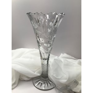 Vintage Cut/Etched Crystal Trumpet Vase w/Flowers 10&quot; tall w/Scalloped Rim