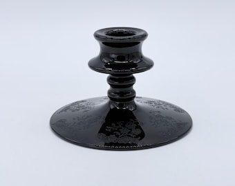 Fostoria 2375 Fairfax Candleholder In Ebony Black Amethyst Glass With A #305 Fern Etch