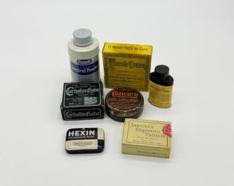 軟膏やクリームのアンティークコレクション、ヴィンテージ広告、薬局関連品