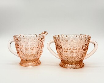 Vintage Pink Depression Glass Jeannette Holiday Button and Bows Sugar Bowl & Creamer Set 1930s-1950s