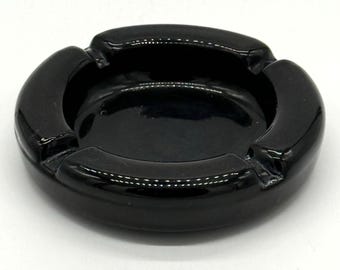 Vintage Black Amethyst Glass Round Ashtray 4.5" With 4 Cigarette Rests Glossy Finish Collectible Decor