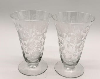 Vtg. Tiffin-Franciscan Rose Marie Clear Etched Floral Juice Glasses Set Of 2