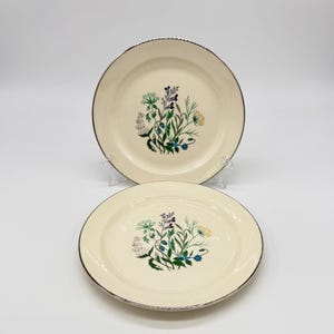Puede incluir: Dos platos color crema con un diseño floral. Los platos tienen un borde dorado y un ramo central de flores verdes, azules, moradas y amarillas. Los platos se exhiben sobre soportes transparentes sobre un fondo blanco.
