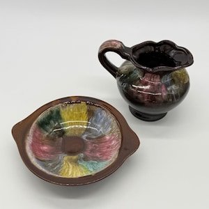 Vtg. Japanese Aurora Drip Glaze Pitcher & Basin Set Mid-Century Redware Pottery