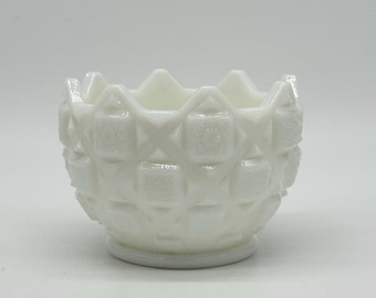 Jarrón pequeño de vidrio lechoso VTG, cuenco, maceta, bloques pequeños con flores, redondo, blanco