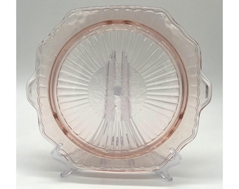 Vtg Pink Depression Glass Cake Plate Anchor Hocking Mayfair Open Rose Floral 10" Square w/Handles