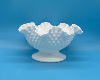 Vtg Hobnail White Milk Glass Pedestal Ruffled Fruit Bowl 10"