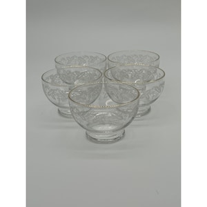Ensemble de 5 tasses à pouding en verre gravé à l&#39;eau-forte et bordure dorée Bartlett Collins, années 1950