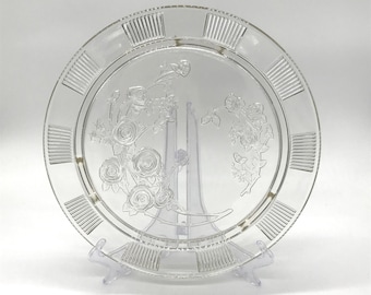 Vintage Federal Glass Cake Plate, Sharon Cabbage Rose, Ribbed Edge (12 Inch)