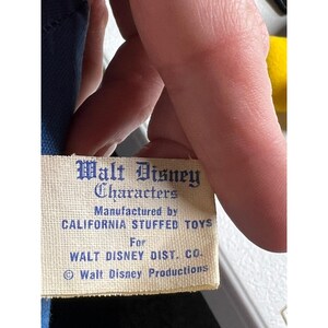 May include: A close-up of a tag from a Walt Disney character plush toy. The tag is cream-colored with blue text that reads "Walt Disney Characters" and "Manufactured by CALIFORNIA STUFFED TOYS For WALT DISNEY DIST. CO."