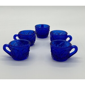 Set of 5 Cobalt Blue Glass Hobstar Design Children's Tea Set Cups 1" x 1.5"