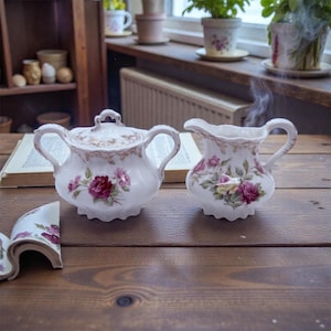 Puede incluir: Un azucarero de porcelana blanca con tapa y una jarra de crema, ambos adornados con motivos florales de rosas rosas y rojas. El azucarero tiene dos asas. Un trozo de porcelana roto está sobre la mesa.
