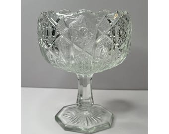 Cuenco de compota de vidrio McKee Quintec con pedestal transparente, estilo americano temprano prensado