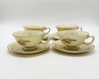 Set di 4 tazze e piattini vintage Lenox Harvest con piedistallo, colore oro, grano e avorio, prodotto negli Stati Uniti.