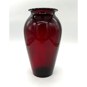 Vintage Anchor Hocking Glass Royal Ruby Red Scalloped Top Edge Vase 9" w/chip
