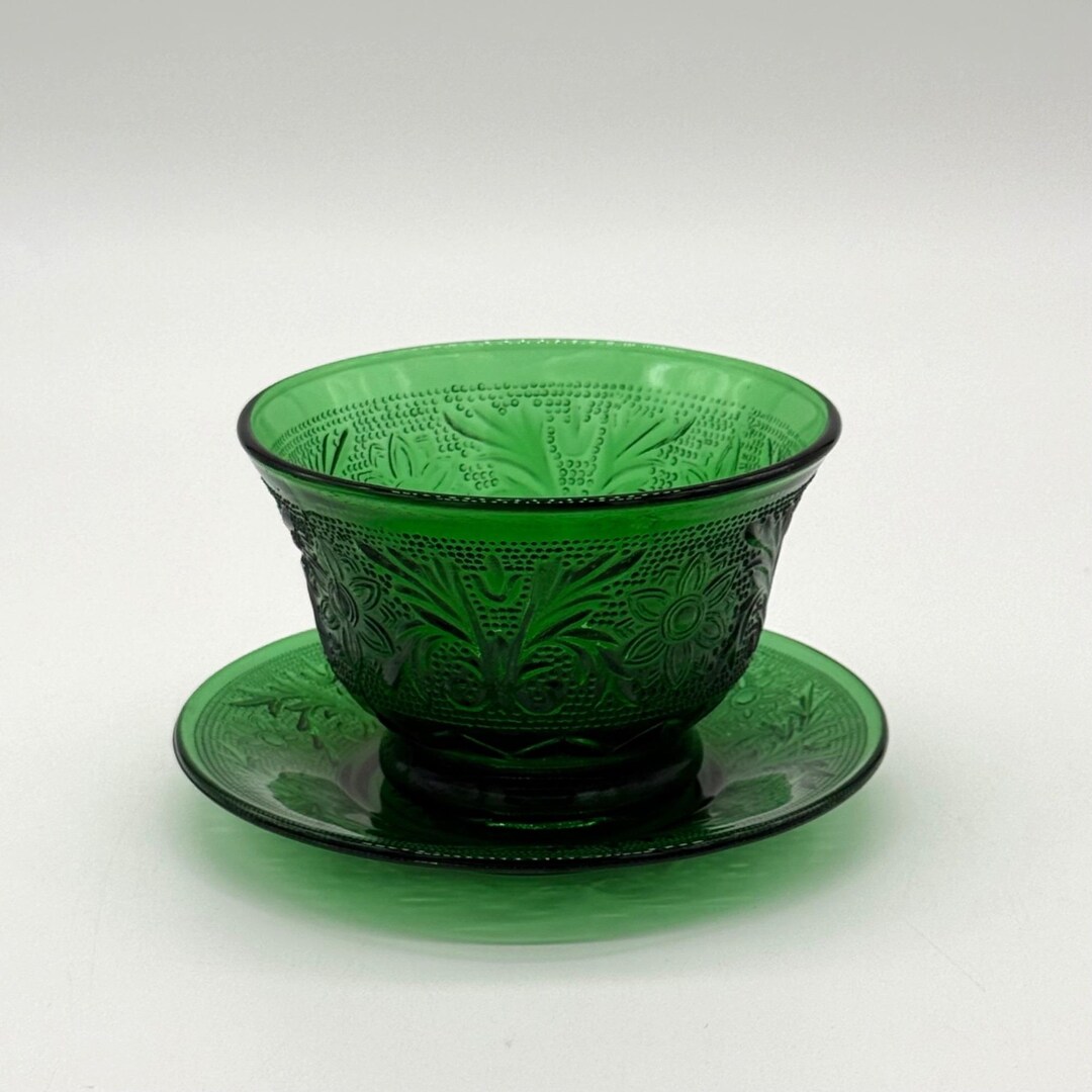 食器 ANCHOR HOCKING Anchor Hocking Forest Green Sandwich Pattern Custard Cup & Saucer