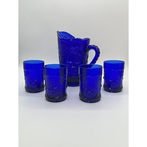Vintage LG Wright Cobalt Blue Wreathed Cherry Pitcher and Cup Set