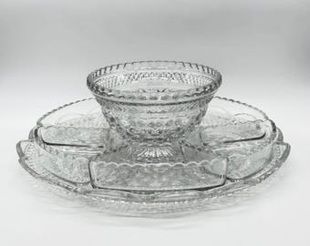 Vintage Wexford Glass Buffet/Serving Tray With Large Dip Bowl & Glass Appetizer Trays Set