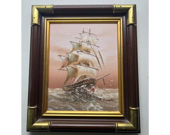 Vintage Framed Oil Painting Of Sailboat On Stormy Sea By B. Crompton