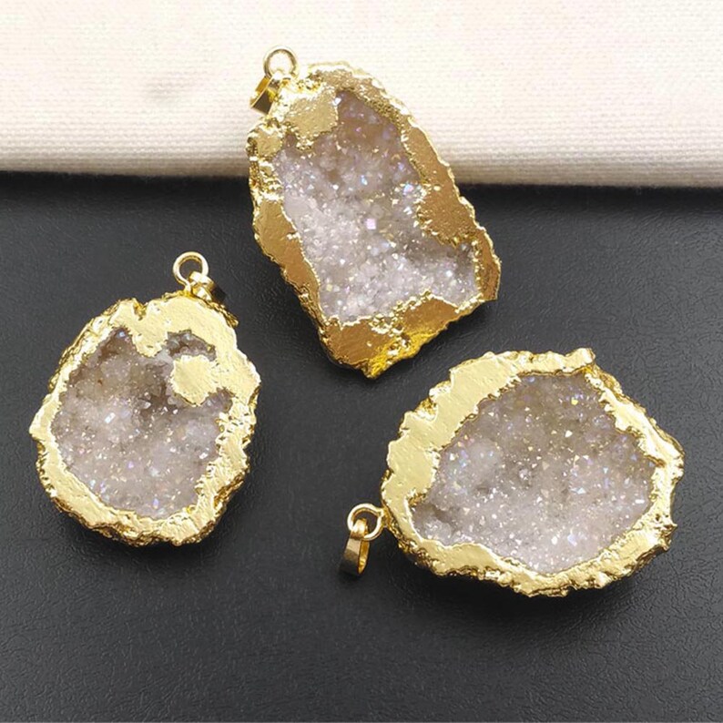 P1393 Irregular Shape Natural Druzy Agate With Gold Trim Pendant Bohemia Gift For Her Women Fashion Necklace Pendant