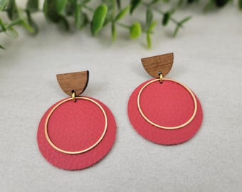 Circle Leather Earrings |Handmade Earrings |Tooled Leather Earrings|/Leather and Walnut Wood Earrings| Real Leather Earrings
