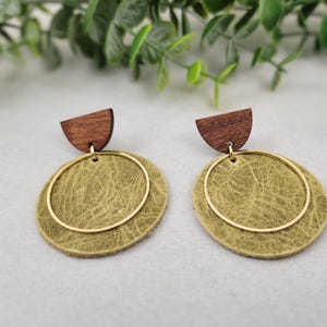 Green Circle Leather Earrings |Handmade Earrings |Leather and Walnut Wood Earrings| Real Leather Earrings| Statement Earrings