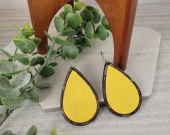 Yellow Leather Wood Teardrop Earrings| Leather Teardrop Earrings| Wood Teardrop Earrings | Dangle and Drop Earrings