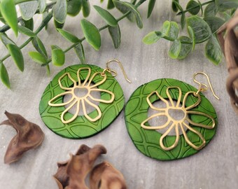 Handmade Green Leather Earrings | Tooled, Brass Floral Boho Style