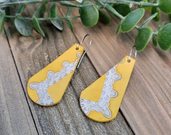 Leather Tooled Earrings| Yellow Leather Drop Earrings| Yellow Leather Earrings| Dangle and Drop Earrings