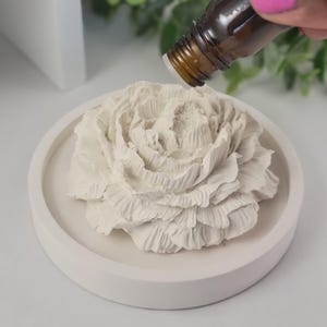 May include: A white ceramic flower diffuser with a round base. Essential oil is being dripped onto the flower from a brown glass bottle.