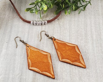 Hand Tooled Saddle Diamond Leather Earrings | Genuine Leather Earrings  | Gift for Her | Brown Leather Earrings