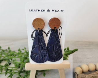 Handmade Tooled Leather Dangle Earrings | Navy Blue with Wooden Post