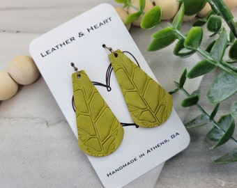 Handmade Leather Earrings|Leather Tooled Earrings| Dangle and Drop Earrings| Lime Green Earrings| Gift for Her|