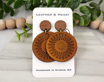 Brown Circle Leather Earrings |Handmade Earrings |Tooled Leather Earrings