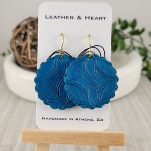 Handmade Leather Earrings|Blue Leather Earrings| Blue Tooled Earrings|Leather Tooled Earrings| Dangle and Drop Earrings|Gift for Her|