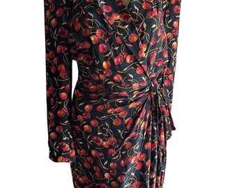 Vintage Cherry Print Red 100% Silk Wrap Dress Small Korea Size 10