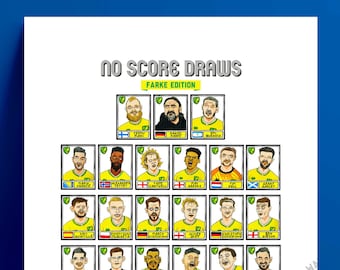 Norwich City Vol 2 - No Score Draws Farke Edition - A3 print of 30 hand-drawn Panini-style doodles of NCFCs 20-21 Championship-topping side