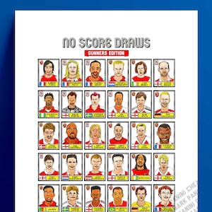 Arsenal Volume 1 - No Score Draws Gunners Edition - A3 print of 36 hand-drawn Panini-style football sticker icons -Cheapskate football art