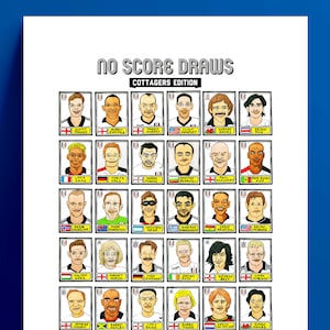 May include: A collection of illustrated trading cards featuring cartoon portraits of soccer players. Each card has a white background with a black border and a player's name printed below the image. The title "No Score Draws Cottagers Edition" is printed at the top of the image.