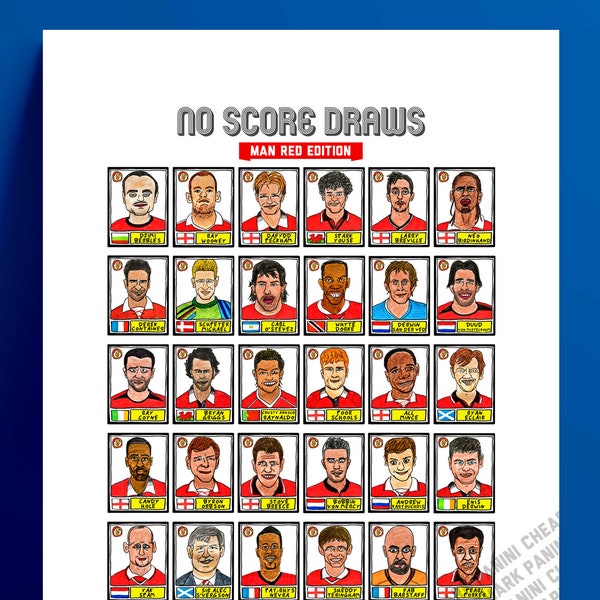 Definitely NOT Man United - No Score Draws Man Red Edition - A3 print of 36 hand-drawn Panini-style NOT Man Utd football legends