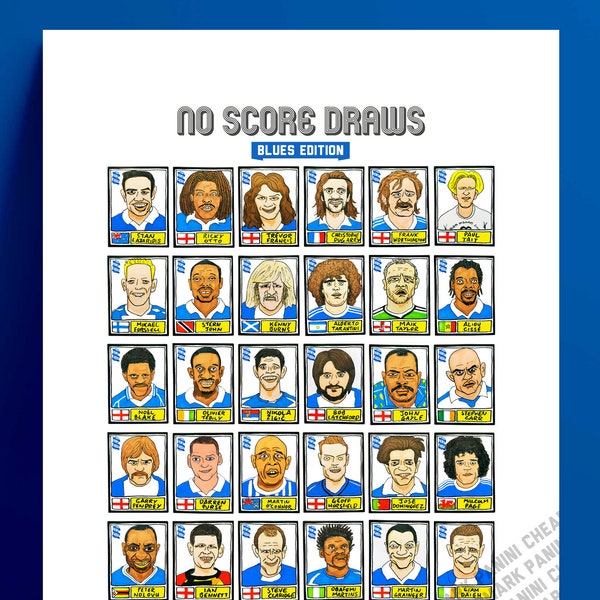 Birmingham City - No Score Draws Blues Edition - A3 print of 36 hand-drawn Panini-style footy sticker legends - Cheapskate football art