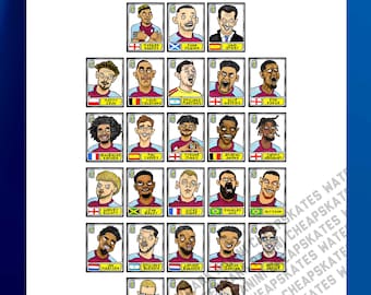 Aston Villa 25/26 - No Score Draws Emery 25/26 Edition - A3-afdruk van 26 voetbaldoodles in panini-stijl van Unai Emery's 25/26 AVFC-kant