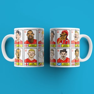 May include: Two white mugs with a red and white design featuring cartoon illustrations of the England national football team. The mugs have the names of the players printed below their images. The names include: Joe Cole, Lewis Grabban, Joe Worrall, Nathan King, Died Spence, Andy Robertson, Jack Grealish, Scott McKenna, and Will O'Neill.