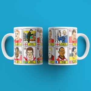 Leyton Orient No Score Draws Mug Set - Set of TWO 11oz Ceramic Mugs with Wonky Panini sticker-style doodles of 24 LOFC O&#39;s Football Icons