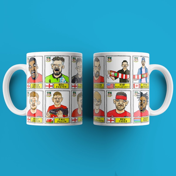 Wrexham Vol 2 No Score Draws Mug Set - Set of TWO 11oz Ceramic Mugs with Wonky Panini-style Doodles of Wrexham's 22/23 Promotion Winners